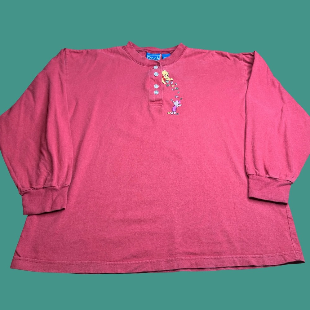 Winnie The Pooh Piglet Mens Medium Henley Long Sleeve T Shirt Embroidered Vtg